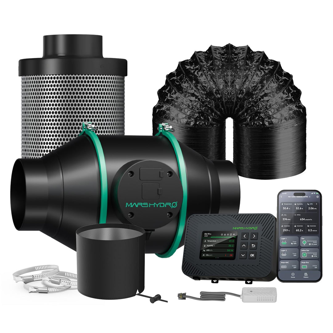 MARS HYDRO 4 Inch 205CFM Inline Fan with Temperature and Humidity Controller, Carbon Filter, and 25