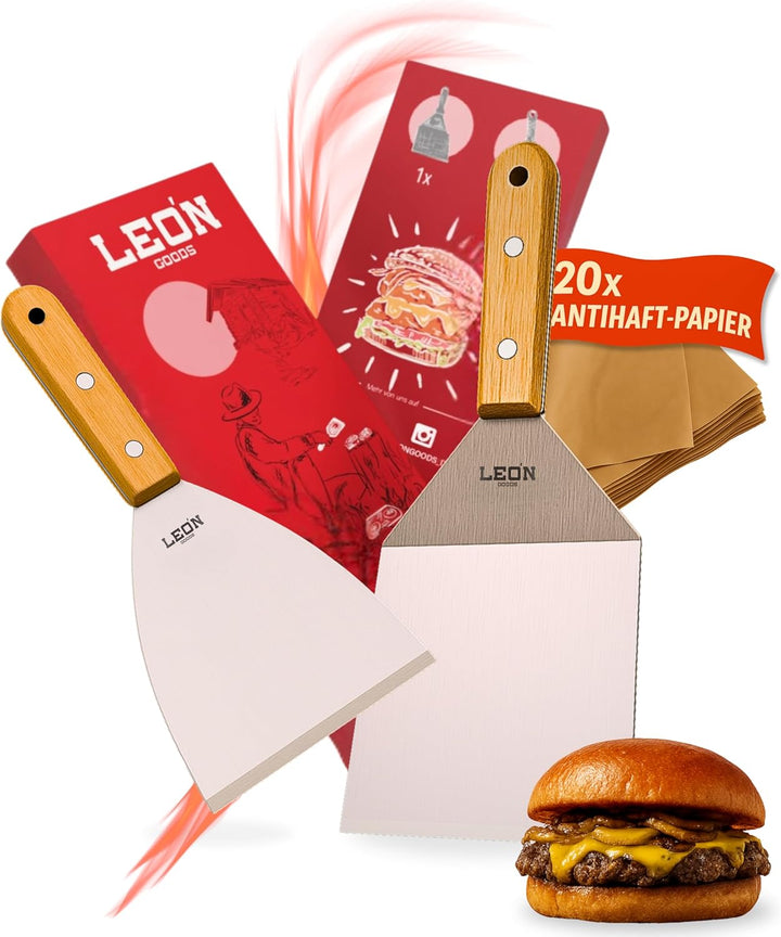 LEÓN Goods © NEU: Grillspachtel Set mit Holzgriff - Brandneu aus Buchenholz und Edelstahl. Robust, H