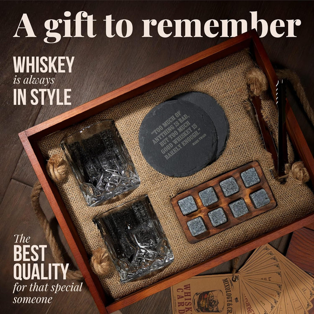 Mixology & Craft Whiskey Stones Geschenkset für Männer - 2 Gläser, 8 Kühlsteine & Holzkiste - Whiske