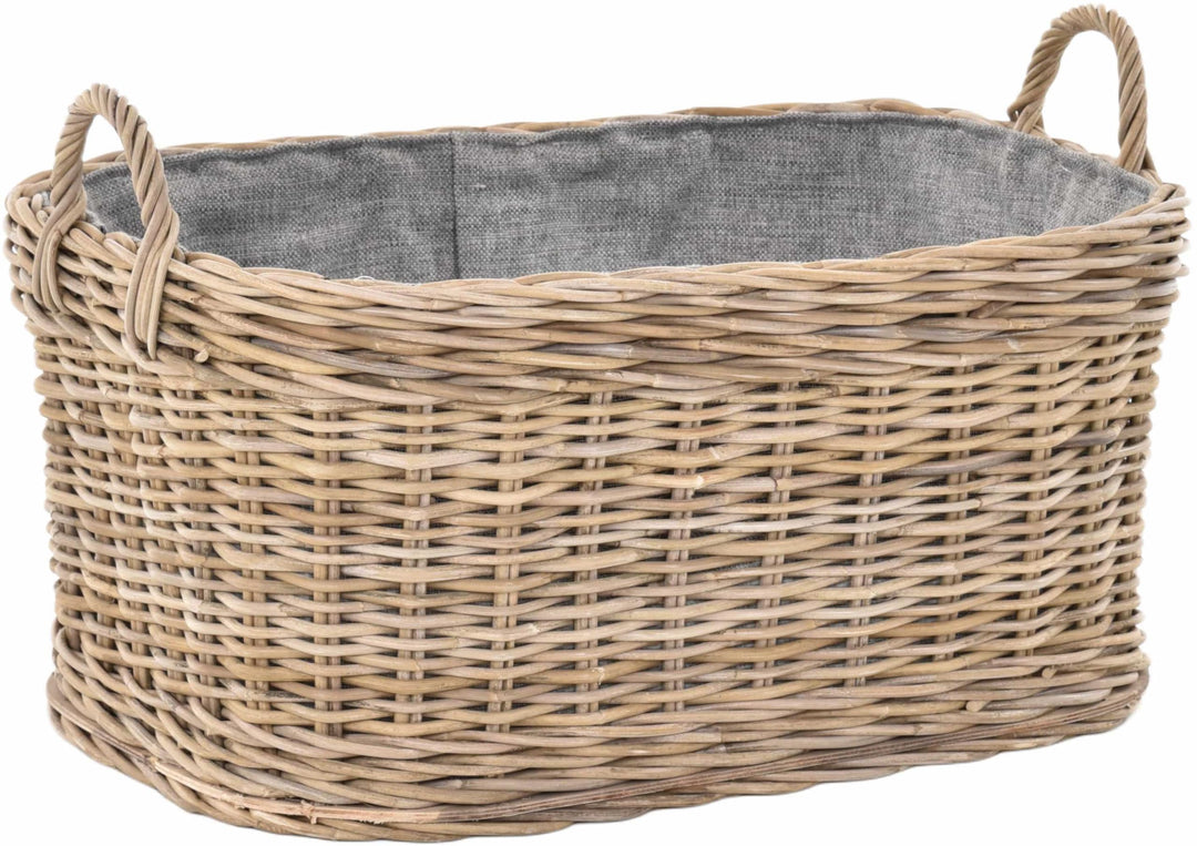 Holzkorb für Kaminholz Rattan geflochten mit Griffen und Stoff Tragekorb Holz (Grau Natur, 64x50cm)