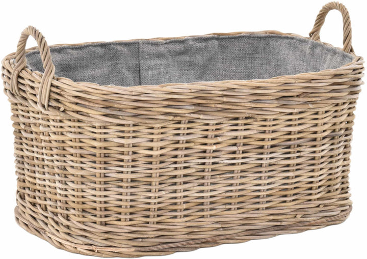Holzkorb für Kaminholz Rattan geflochten mit Griffen und Stoff Tragekorb Holz (Grau Natur, 64x50cm)