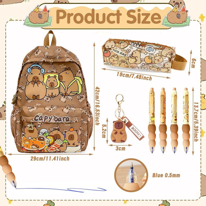 Capybara Rucksack Set, Schulrucksack Grosse Kapazität mit Capybara Federmäppchen, Stiften & Schlüsse