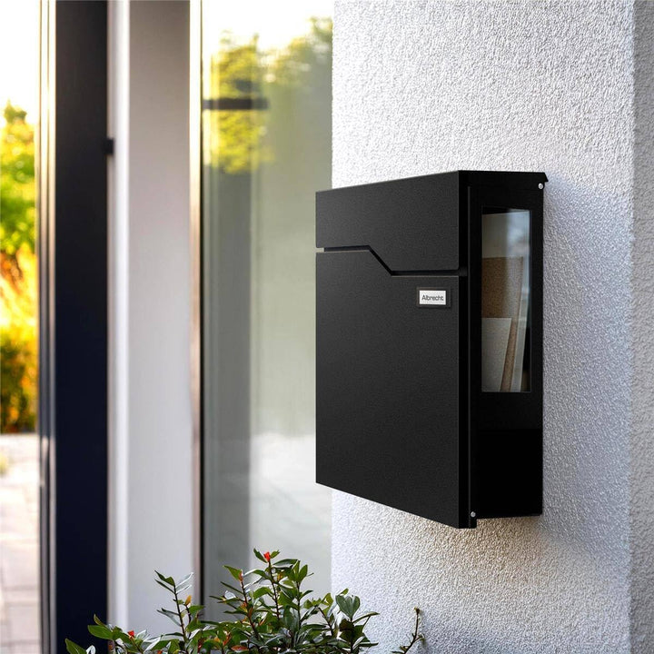 Metzler Briefkasten in Schwarz RAL 9005 mit Zeitungsfach &amp; Sichtfenster – Wandbriefkasten pulverbesc