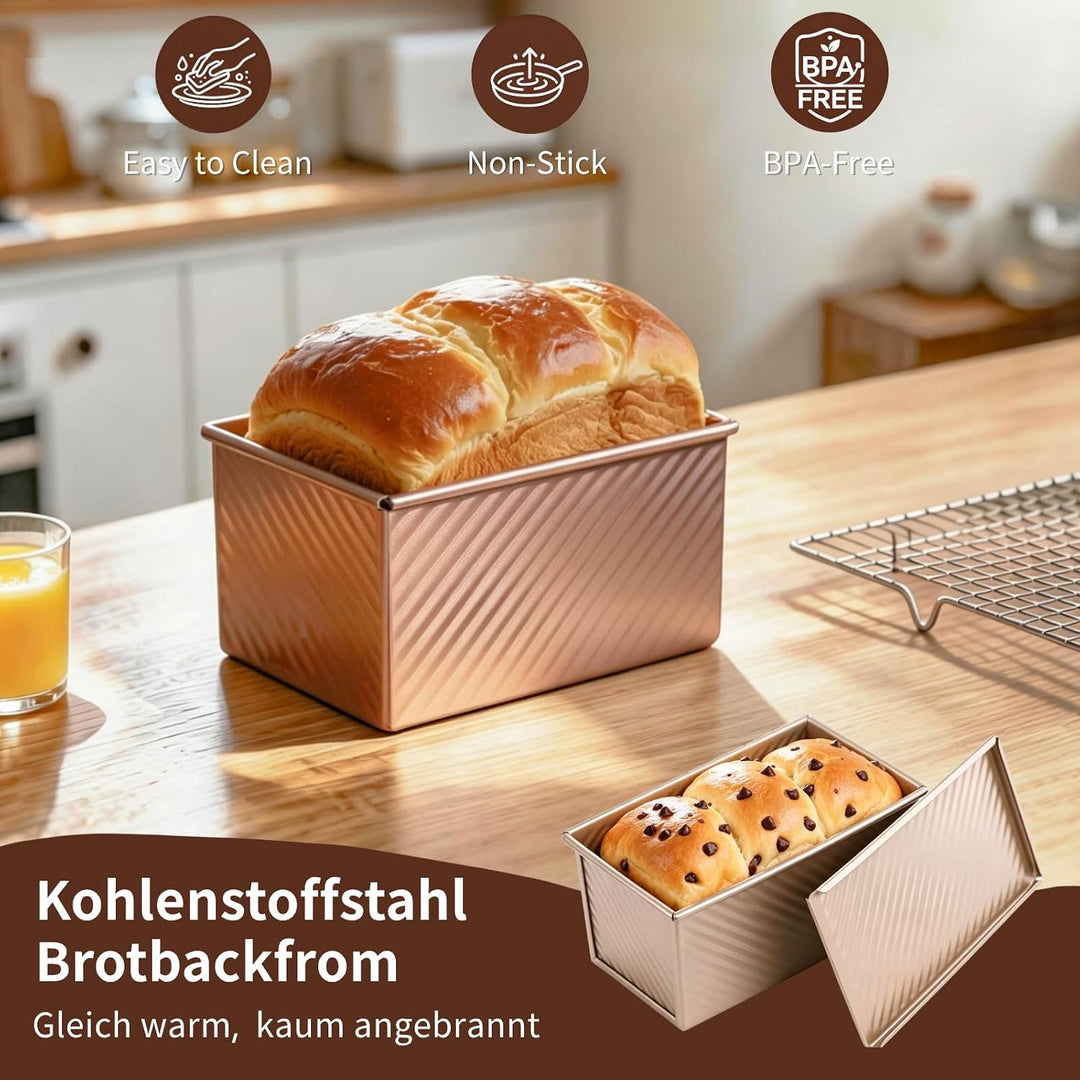 2er Set Brotbackform Rechteckig Edelstahl mit Deckel 19/21cm | Toastbrot Backform mit Zubehör, Roség