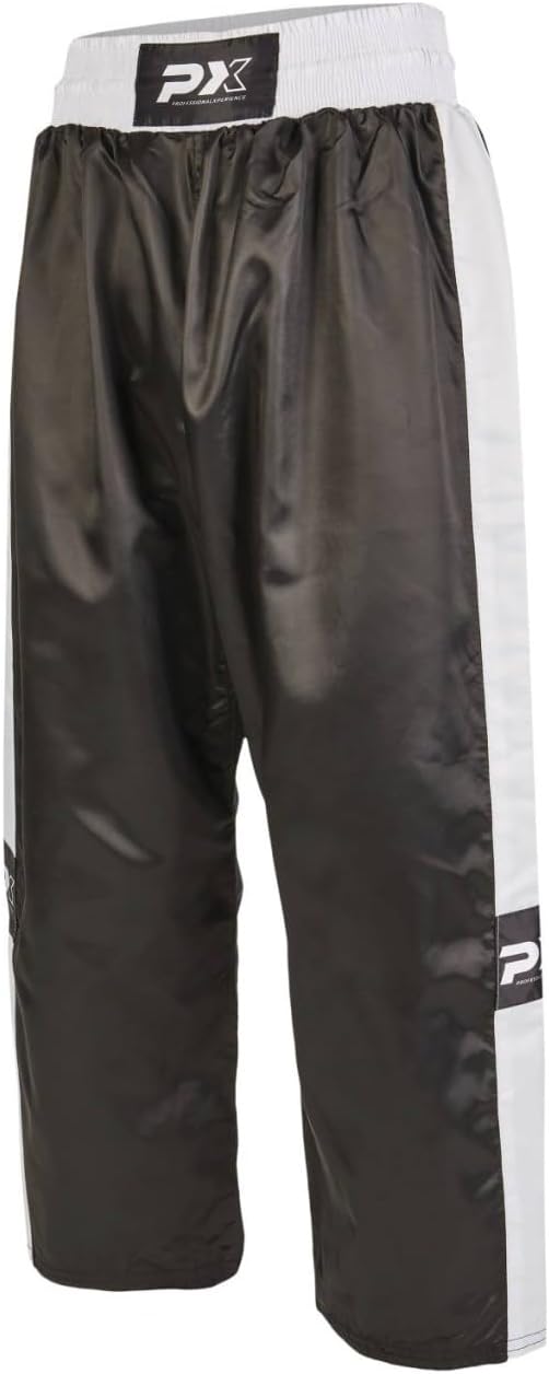 Kickboxhose PX Topfight - schwarz-weiss mit Gummibund - Kickboxing Kampfsport Hose lang - Grösse 120