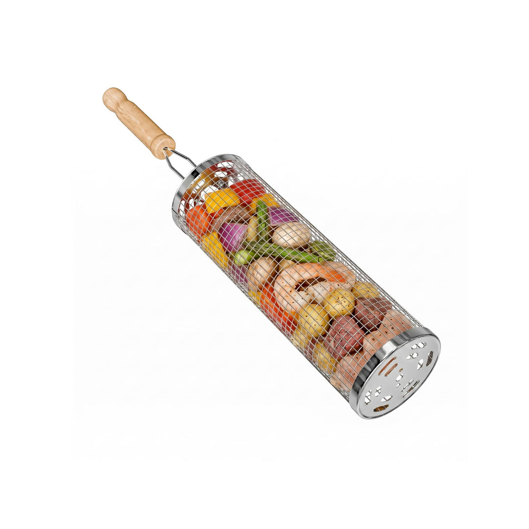 Amig - Rundkorb für Grill - 12 x 30 cm - Holzgriff - Edelstahlgrillkorb - Drehkorb für Grill im Gart