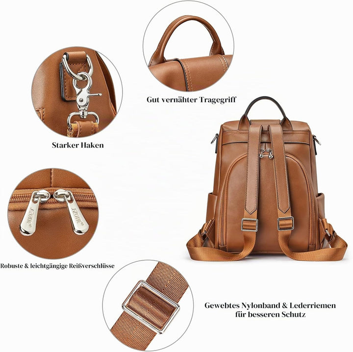 S-ZONE Damen-Rucksack, weiches Leder, Diebstahlschutz, Geldbörse, wasserdicht, Schultasche 2-braun,