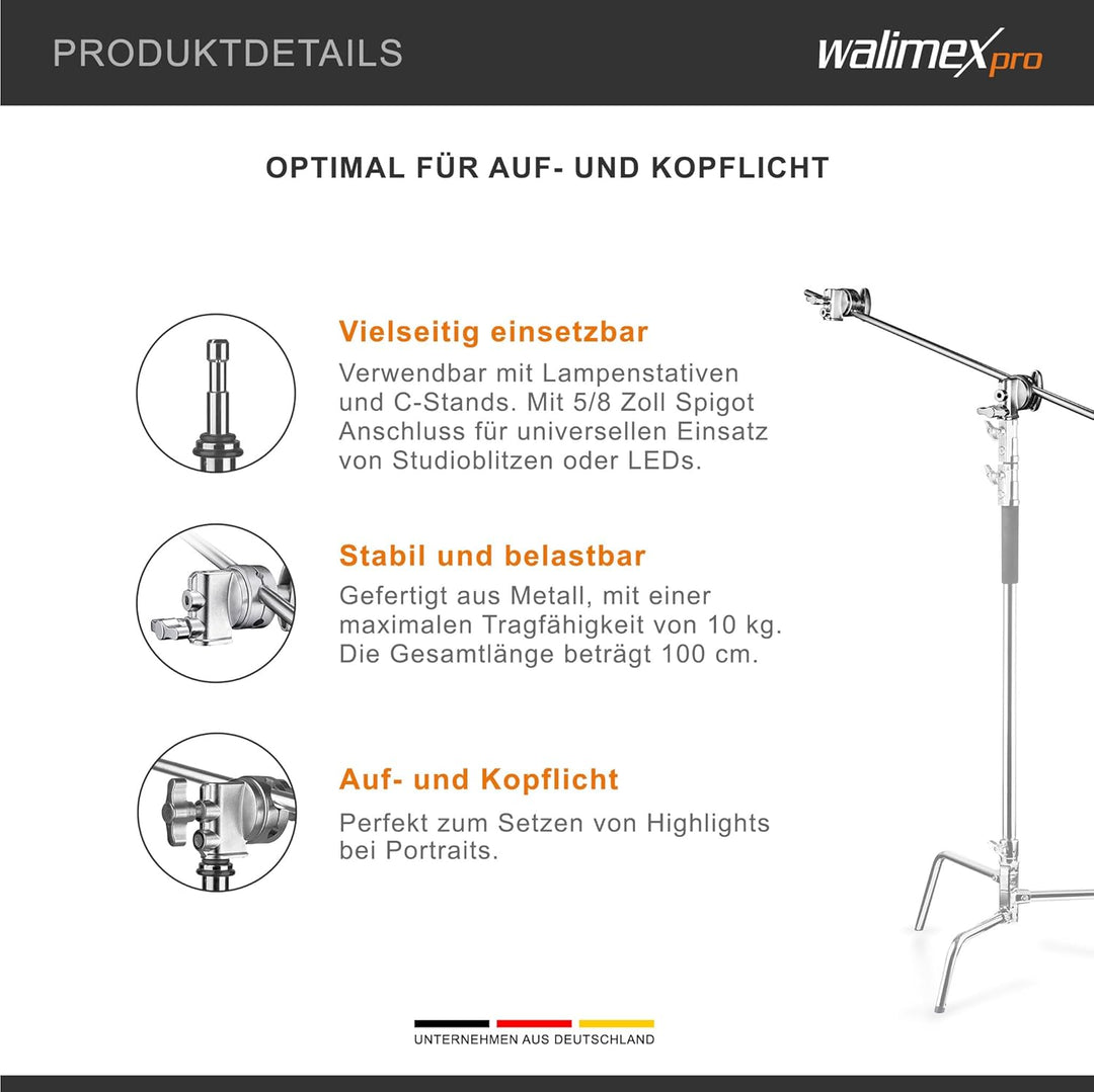Walimex pro Galgen mit 2 Schraubklemmen, 100cm - Ideal für Auf- und Kopflicht, vielfältige Einsatzmö