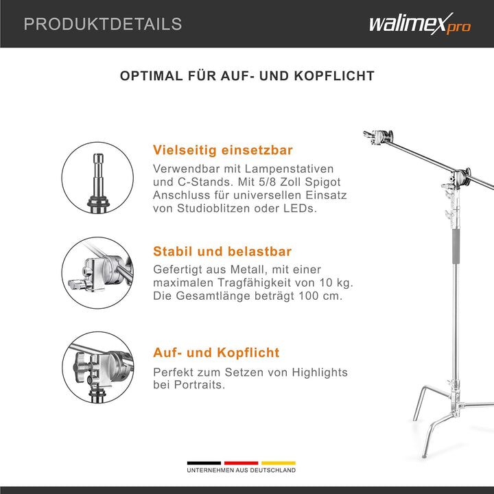 Walimex pro Galgen mit 2 Schraubklemmen, 100cm - Ideal für Auf- und Kopflicht, vielfältige Einsatzmö