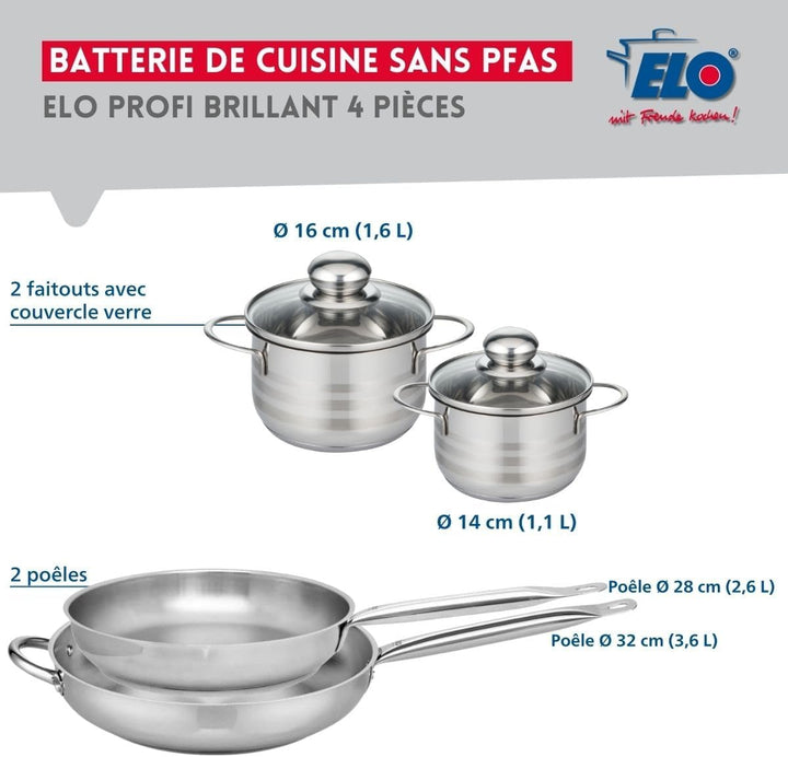 ELO 9882350 Kochgeschirr-Set, 4-teilig, 2 Bratpfannen 28 und 32 cm und 2 Kochtöpfe 14 und 16 cm Elo