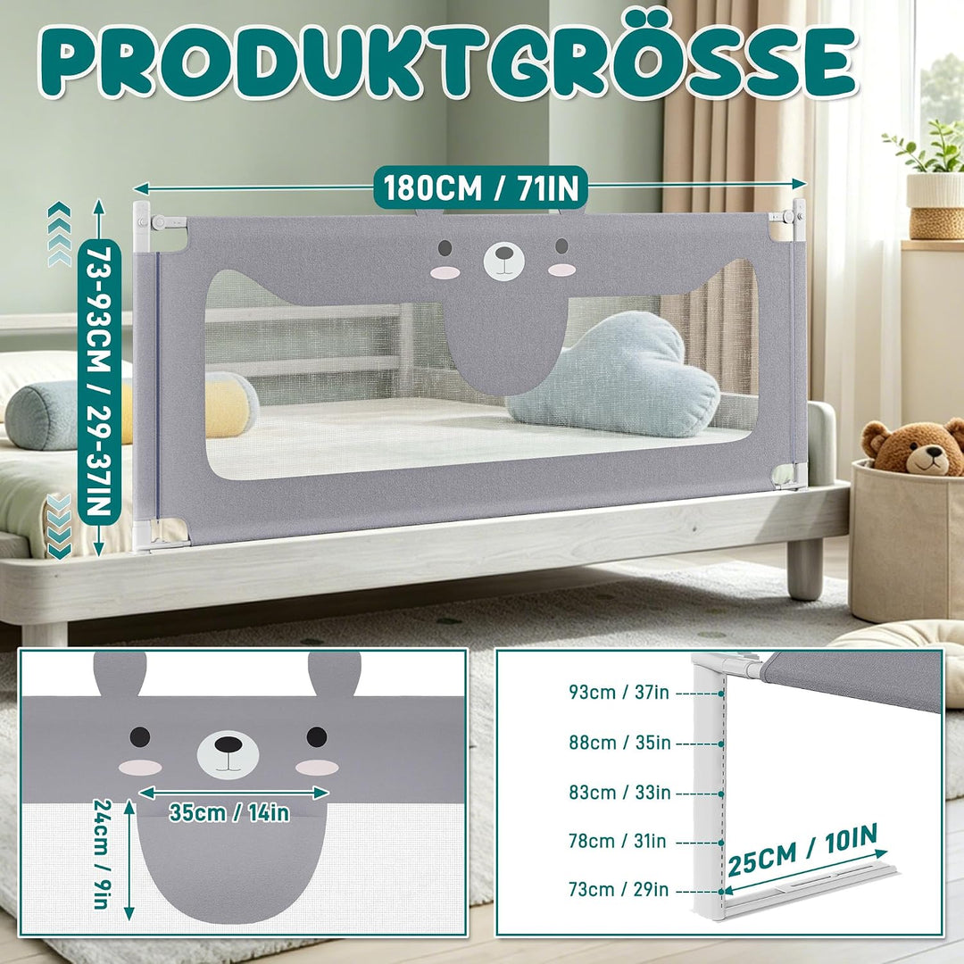 NAIZY Rausfallschutz Bett 180cm Bettgitter Baby Bettschutzgitter mit Höhenverstellbar Kinderbettgitt