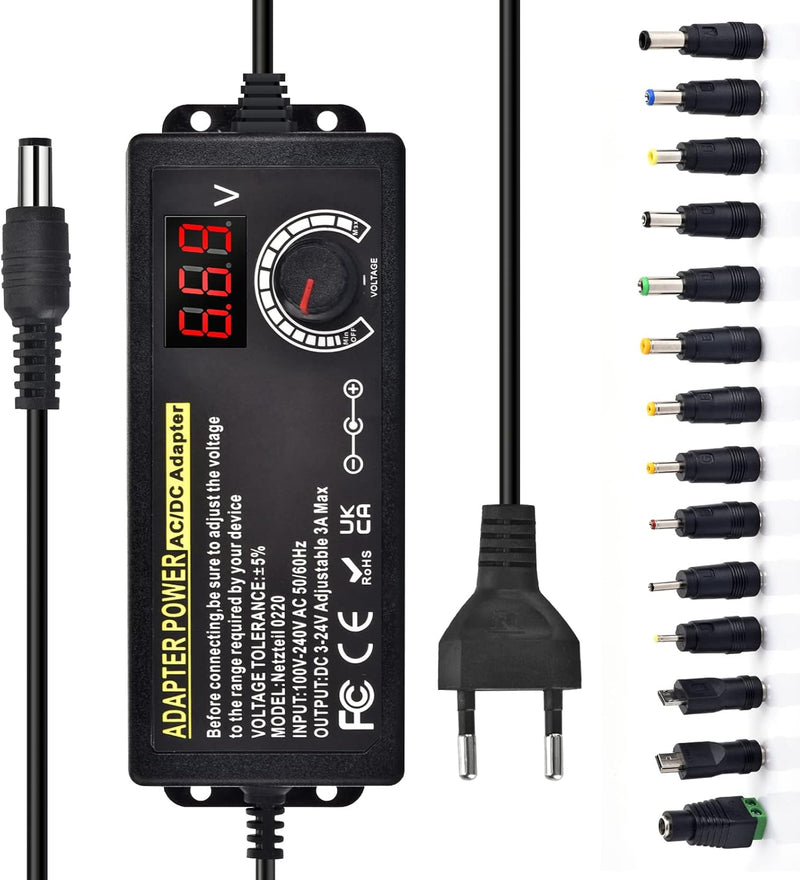 Einstellbares Netzteil 3V-24V Universal Netzteiladapter 3A 72W Verstellbarer Netzadapter AC/DC 100V-