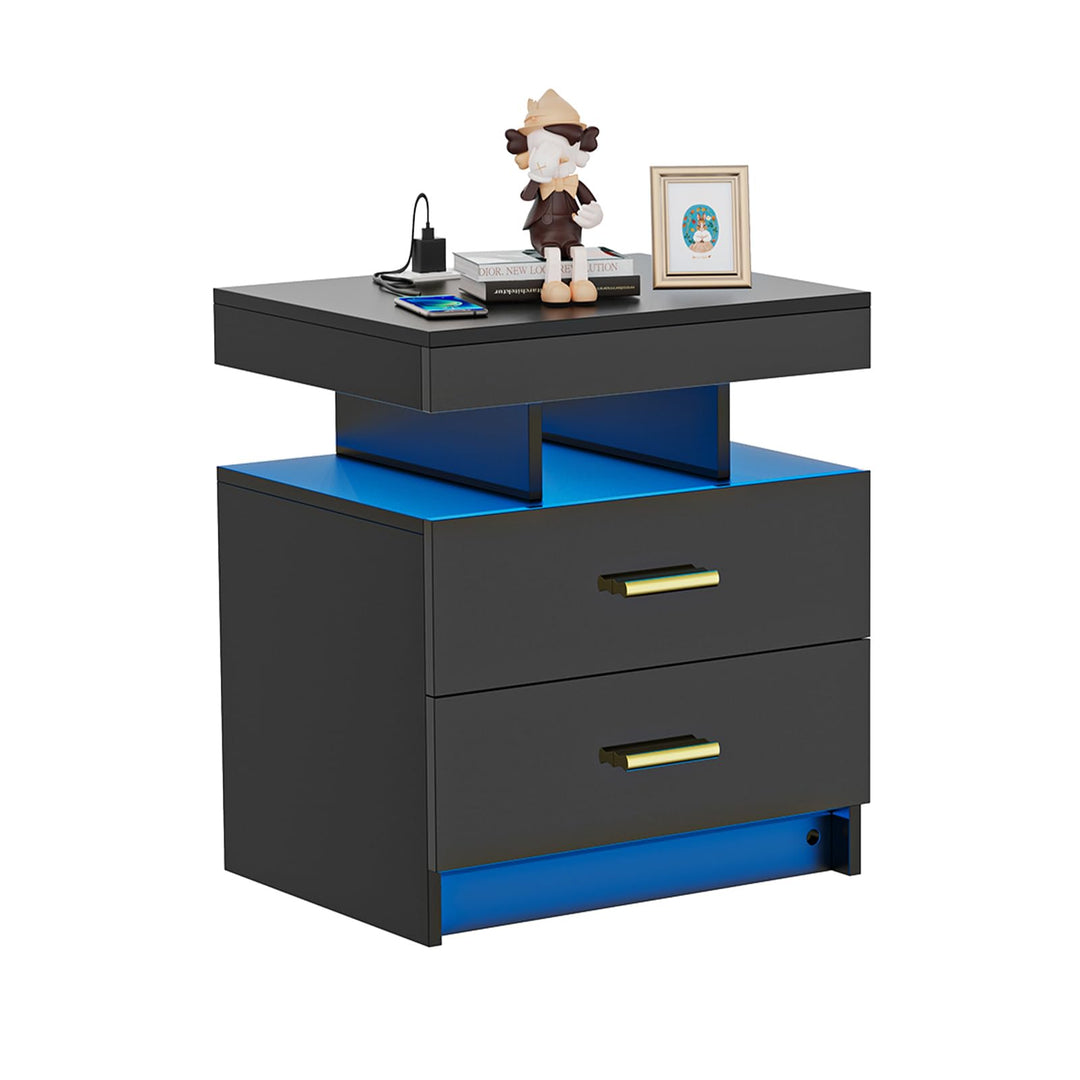 PIPIPOXER Nachttisch mit LED, Nachtschrank mit Steckdose und Ladefunktion, Beistelltisch mit 2 Schub
