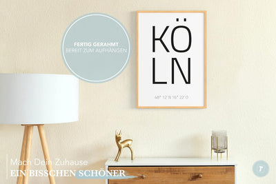 Papierschmiede® Geo Poster Koordinaten Köln, A3 Gerahmt im Natur-Holzrahmen, Stadt Bild als Wanddeko