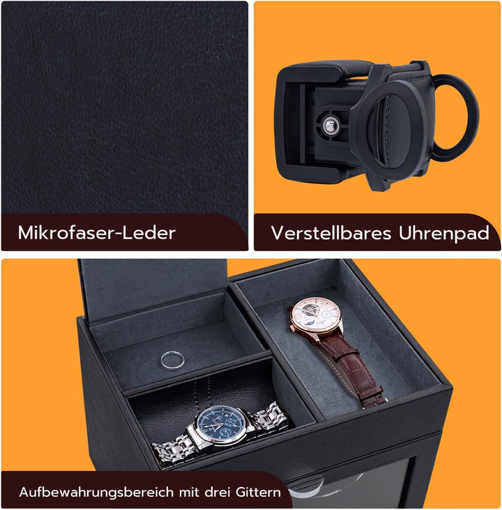 Mcbazel Multifunktionaler Uhrenbeweger für 2 Uhren, automatische Uhrenanzeige LED-Licht Schmuckaufbe