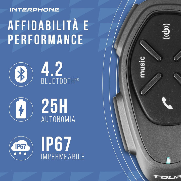 INTERPHONE Tour - Einzelpack - Bluetooth-Kommunikationssystem für Motorräder - Bis zu 4 Reiters, 1,5