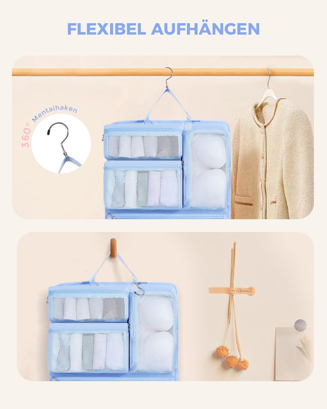 WANDF 6-in-1 Packing Cubes Koffer Organizer mit 360°-Aufhängehaken, Wasserabweisende Packwürfel Komp