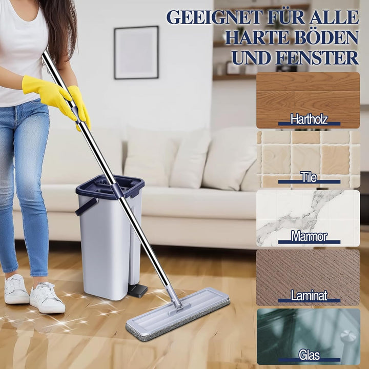 MASTERTOP Wischmopp Set mit Eimer, Bodenwischer Flachmopp mit Edelstahlgriff und 3 Mikrofaser Moppko