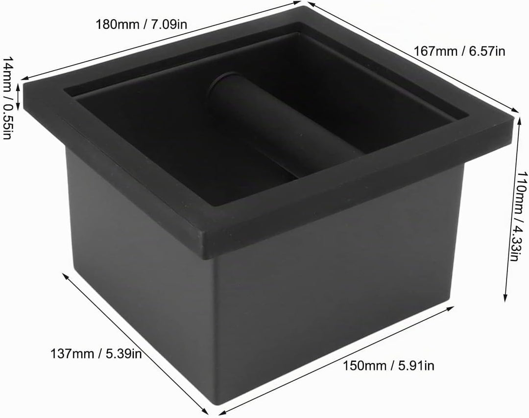 Kaffeesatz-Ausklopfbox, quadratisch, bodenlos, schwarze Gummi-PTFE-Stahlbox mit Kaffee-Tamping-Stati