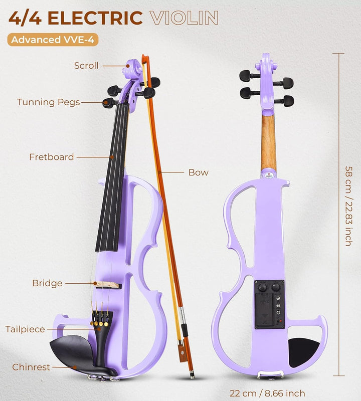 Vangoa 4/4 Elektrische Violine Stille Geige aus Massivem Holz mit Kolophonium, Tragetasche, Kabel, S