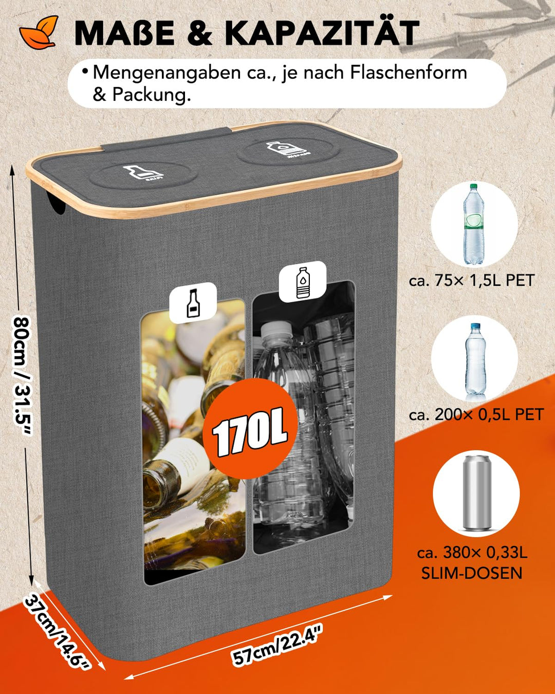 SOUTHGATE Pfandflaschen Sammelbehälter 2 Fächer, 170L Pfandbehälter, Leergut & Altglas Aufbewahrung