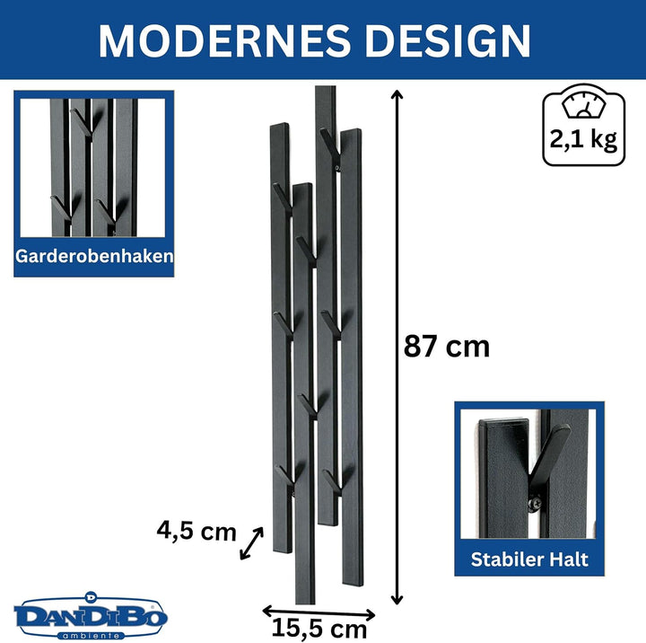 DanDiBo Garderobe Wand Schwarz Metall 96612 Wandgarderobe mit 8 Haken Schmal Flurgarderobe Modern Ha