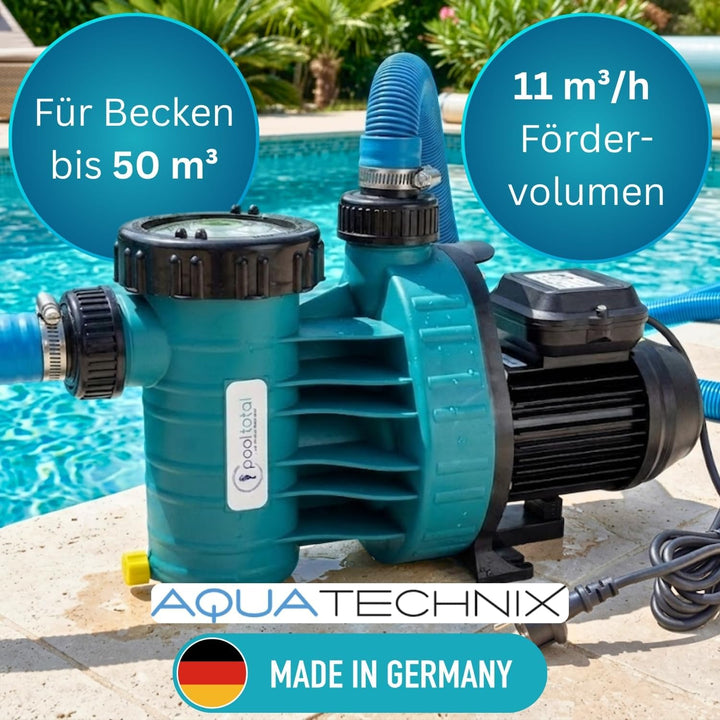 Leistungsstarke 11 m³/h Aqua Plus TIMER Filterpumpe - Für Becken bis 50.000 l Wasserinhalt - Premium