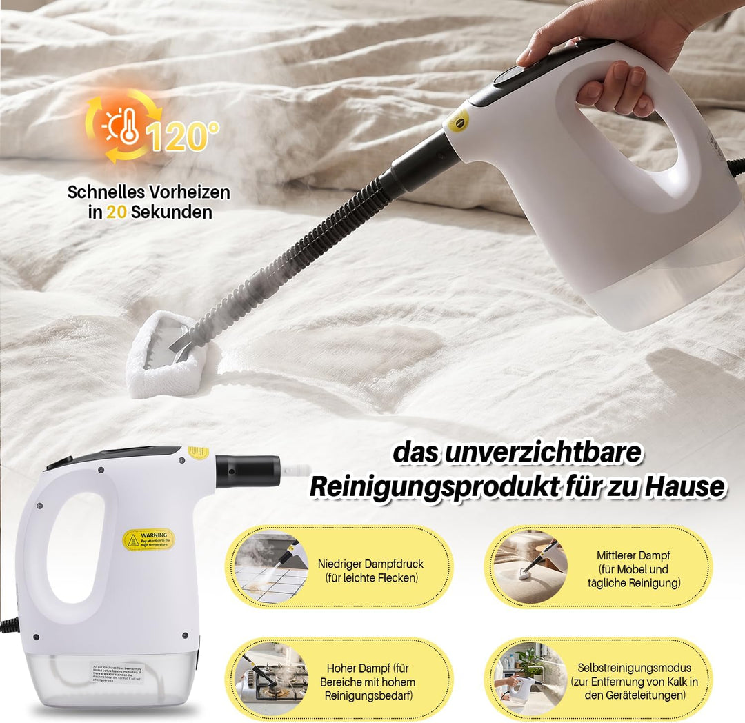 Dampfreiniger Handgerät 1200W, 500ml Handdampfreiniger mit 10 Zubehörteilen, 3 Dampfstufen, 20s Aufh