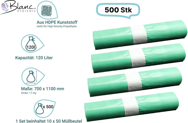 Blanc HYGIENIC Qualitäts-Müllsack – HT-Müllbeutel 120 Liter, 10x 50 Stück auf Rolle, Mülleimerabfall