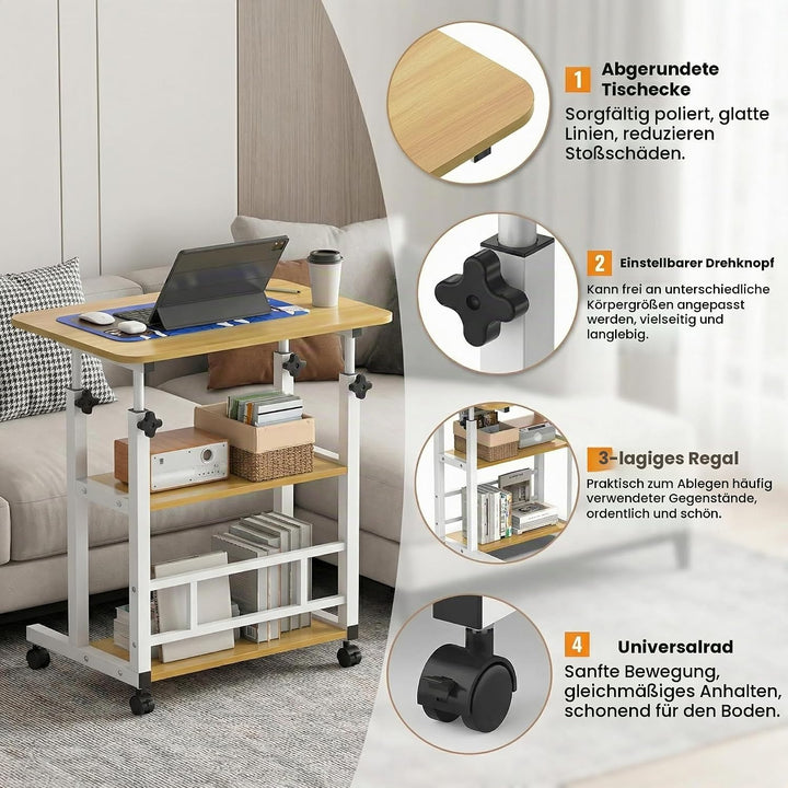 Huracan Mobiler Betttisch mit Rollen 40×80×56–82 cm, 3 Ablagen, Höhenverstellbar, H-Stahlrahmen Beso