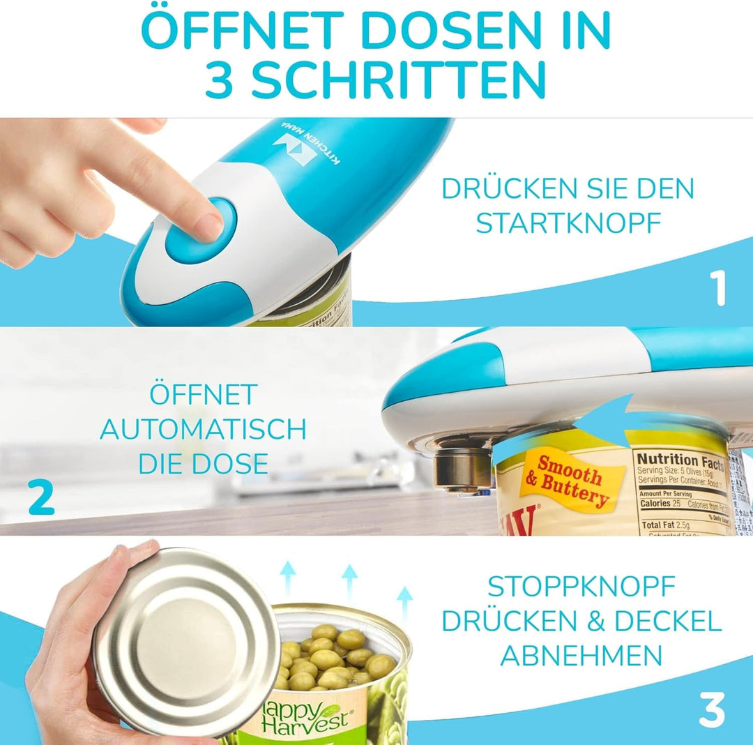 Kitchen Mama Elektrischer Dosenöffner - Konservenöffner mit Start & Stopp Funktion, glatte Kanten, e
