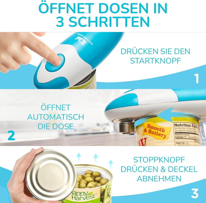 Kitchen Mama Elektrischer Dosenöffner - Konservenöffner mit Start & Stopp Funktion, glatte Kanten, e