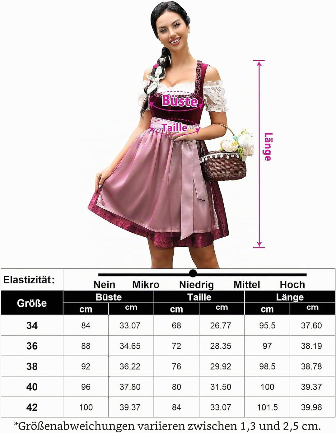 KOJOOIN Trachtenkleid Damen Dirndl Kurz Midi 3tlg. für Oktoberfest-DREI Teilig: Kleid, Bluse, Schürz