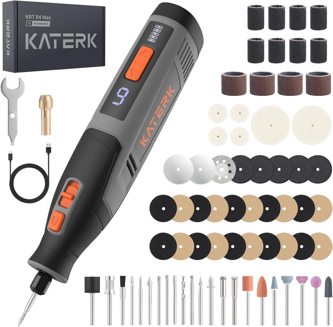Katerk Akku-Multifunktionswerkzeug, Rotationswerkzeug-Set mit 70 Zubehörteilen, 6 Geschwindigkeiten,