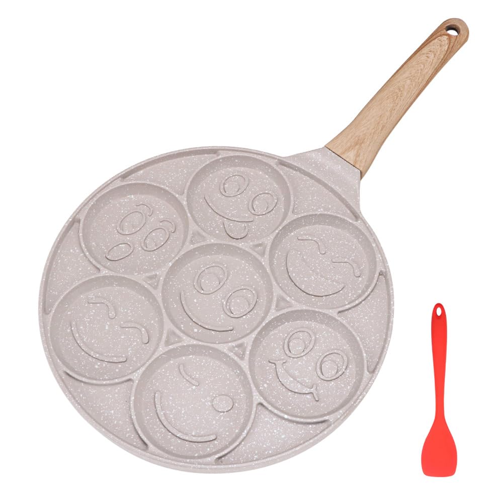 Smiley Pancake Pfanne, Antihaft Pancake Maker 7 Löcher Spiegelei-Pfanne für Kinder, 26 cm (Weiss) We
