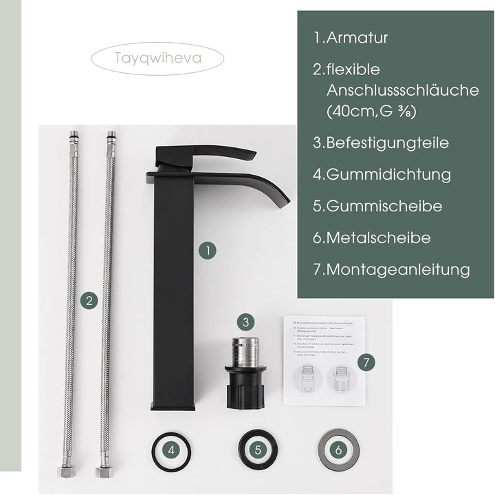 Wasserhahn Bad Schwarz, Wasserfall Waschtischarmatur für Aufsatzwaschbecken, Hoch Waschbecken Armatu