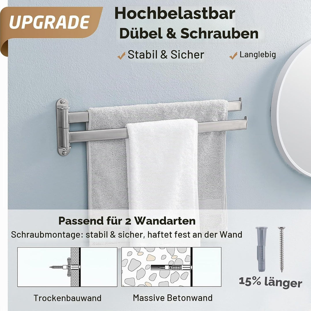 KES Handtuchhalter 2 Armig Schwenkbar, Doppel Badetuchhalter Edelstahl 18/8 Badezimmer Handtuchstang