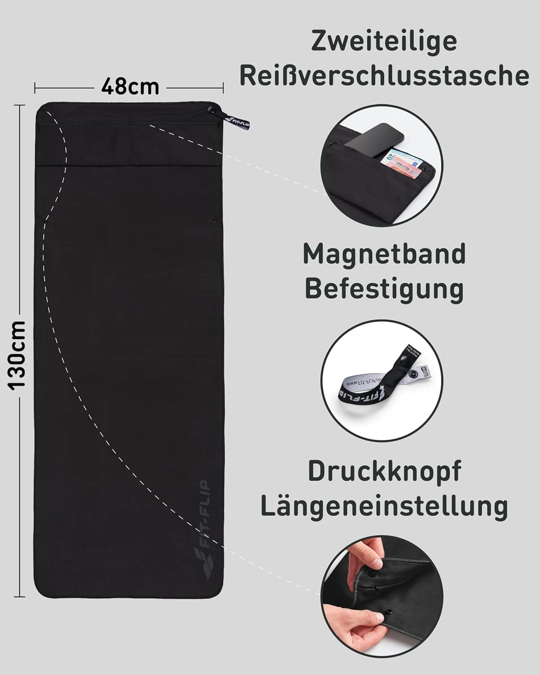 Fit-Flip Fitness Handtuch aus Mikrofaser kompakt und schnelltrocknend | mit Magnet und Reissverschlu