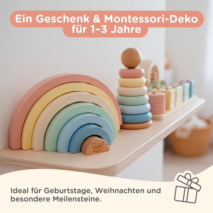 Nene Toys Montessori Holzspielzeug ab 1 Jahr – FSC 3-in-1 Regenbogen, Stapelturm &amp; Sortier-Steckspie