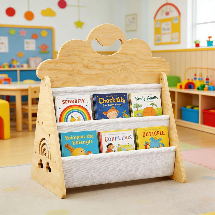 Montessori Kinder Bücherregal Holz, Offenes Frontbücherregal für Kinderzimmer & Leseecke, Tragbare B
