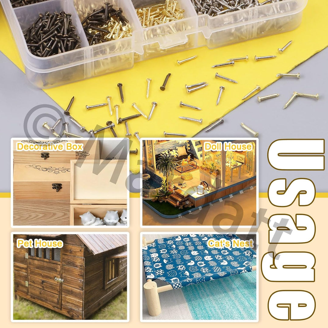 Wooden Screws, 1600 Stück 1x6 mm, 1x8 mm, 1x10 mm Sortiment kleiner Nägel, kleine Holznägel, Kleinte