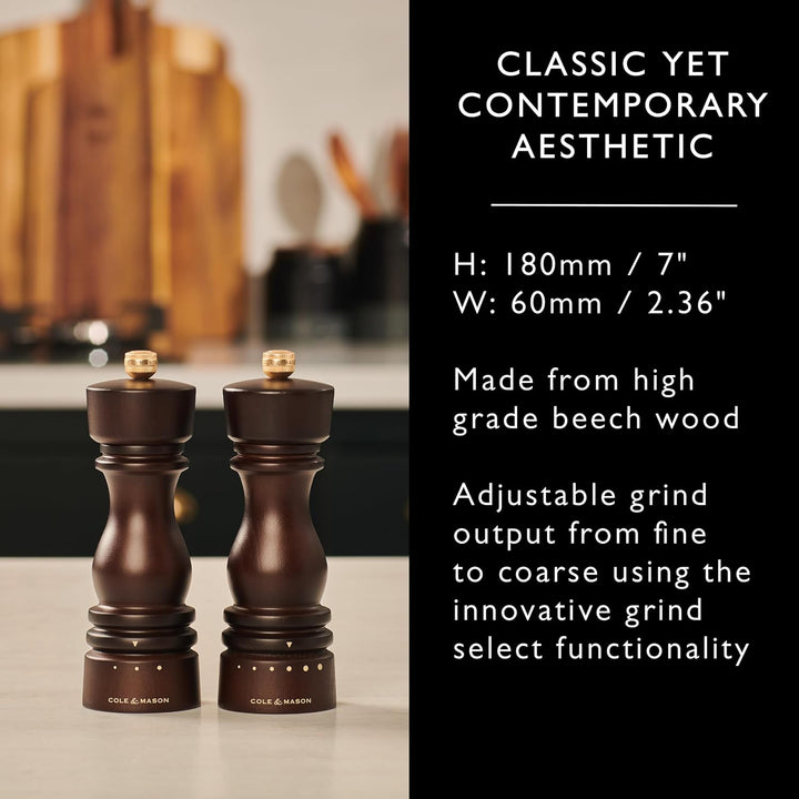 Cole & Mason London Pfeffermühle Holz 18 cm, Einstellbarem Mahlgrad, Precision+ Carbon-Mechanismus,