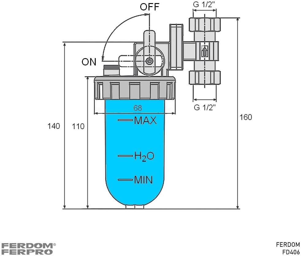 FERDOM Poliphosphatspender Feeder für Wassersysteme gegen Zunder und Korrosion. Ventil & Bypass, Mes