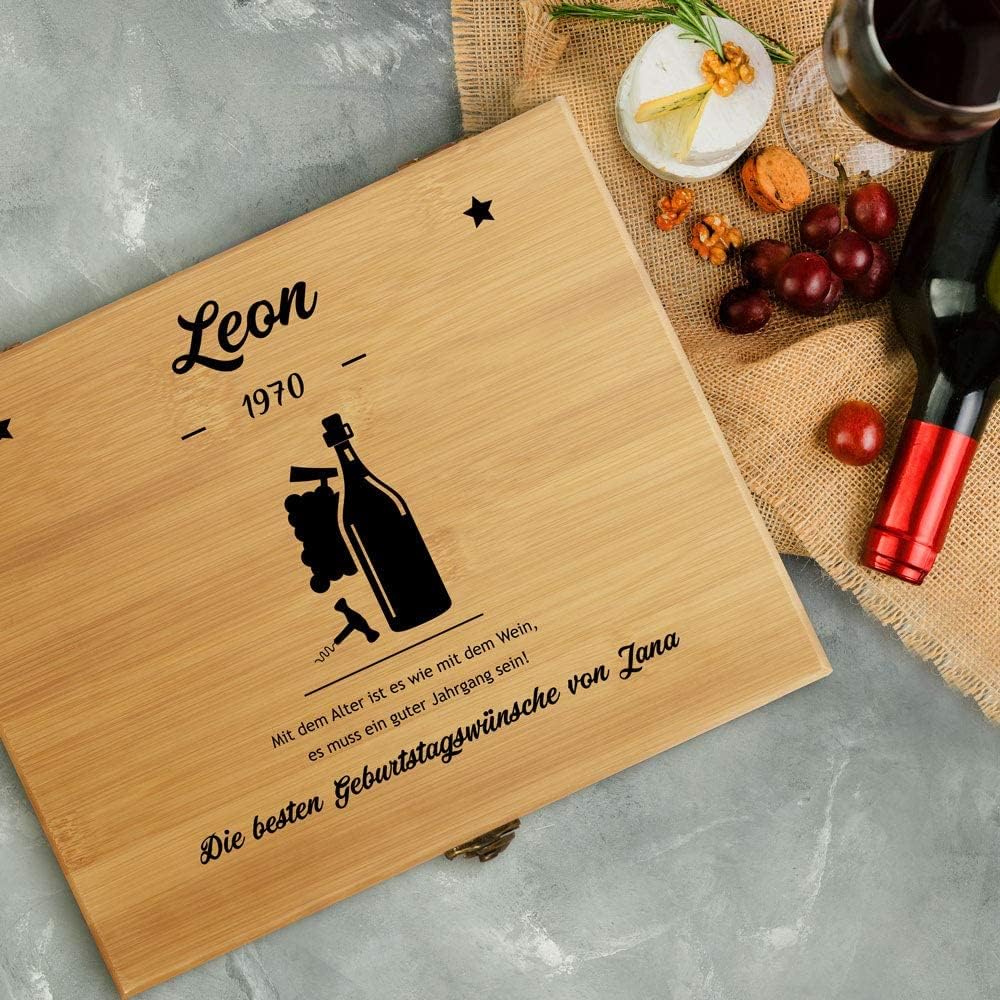 Maverton Weinöffner-Set personalisiert Weinset Sommelier Set - Geschenkbox Holzbox + 6er Weinzubehör