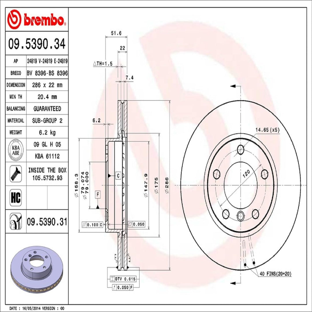 Brembo 09.5390.31 Vordere Bremsscheibe mit UV Lackierung, Anzahl 2