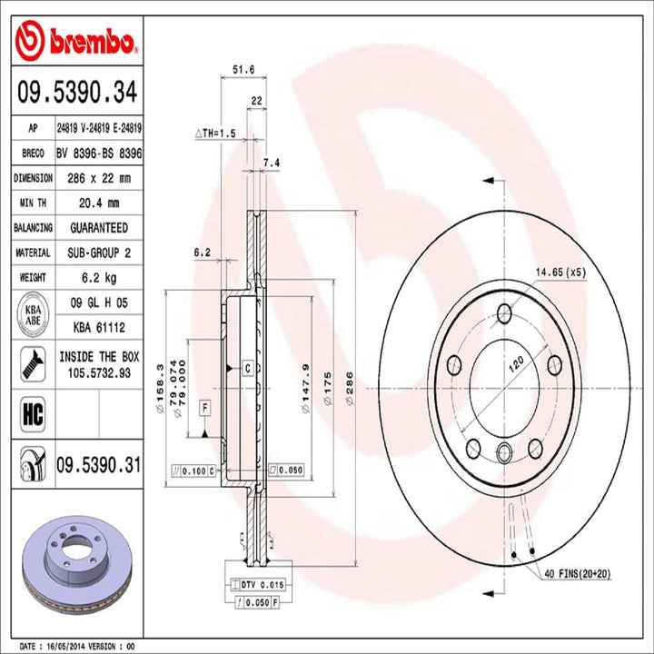 Brembo 09.5390.31 Vordere Bremsscheibe mit UV Lackierung, Anzahl 2