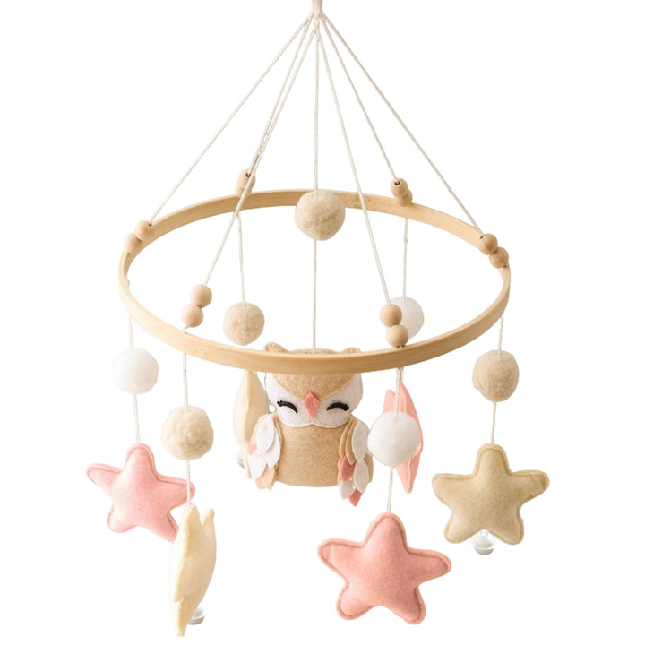 Baby-Mobile für das Kinderbett, hölzernes Babybett-Mobile mit Filzkugeln, Eule und Stern, Bettglocke