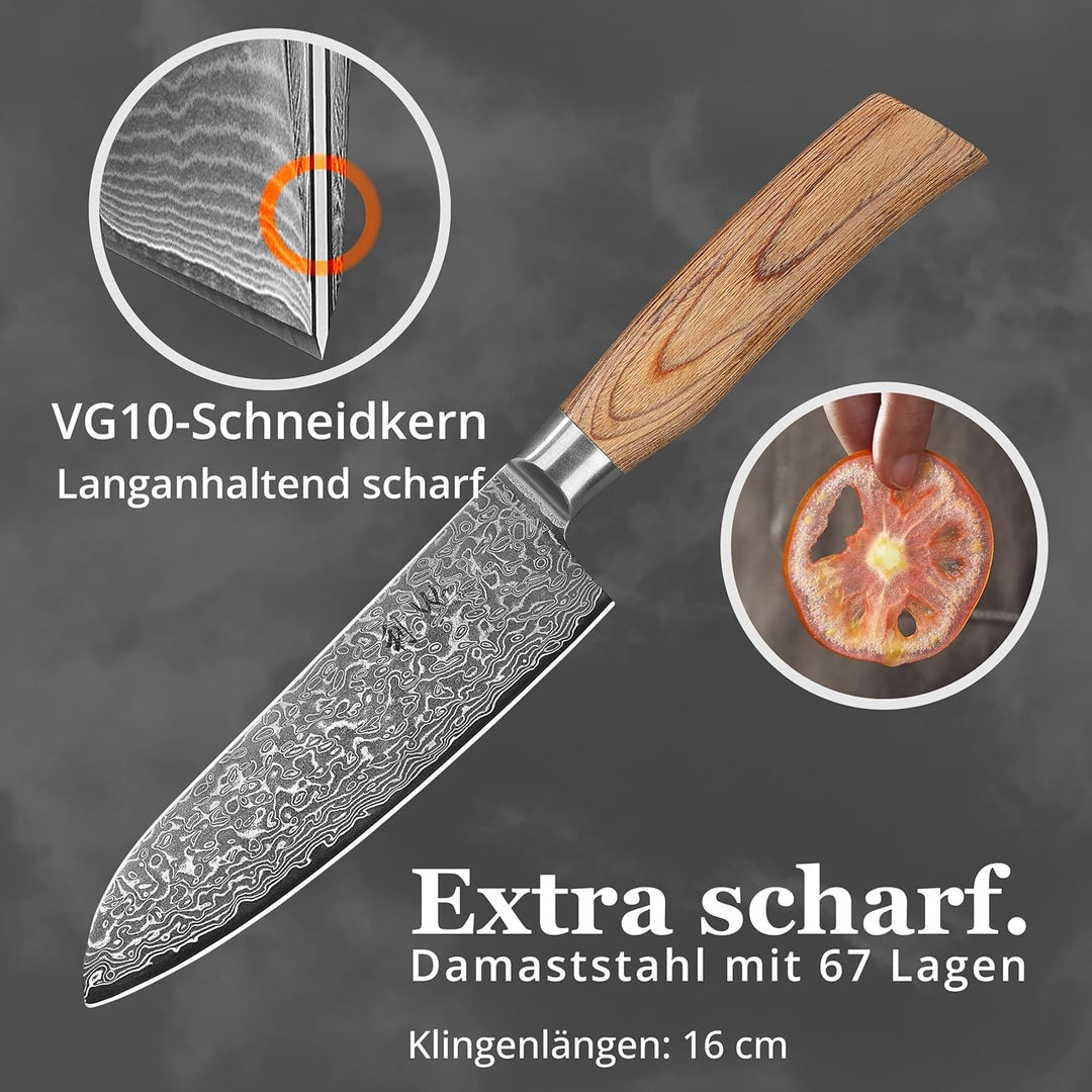 Wakoli EDIB Pro Damast Santokumesser 16,00 cm Klinge extrem scharf aus 67 Lagen mit VG10 Stahlkern I