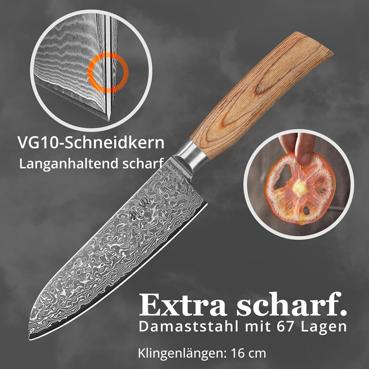Wakoli EDIB Pro Damast Santokumesser 16,00 cm Klinge extrem scharf aus 67 Lagen mit VG10 Stahlkern I