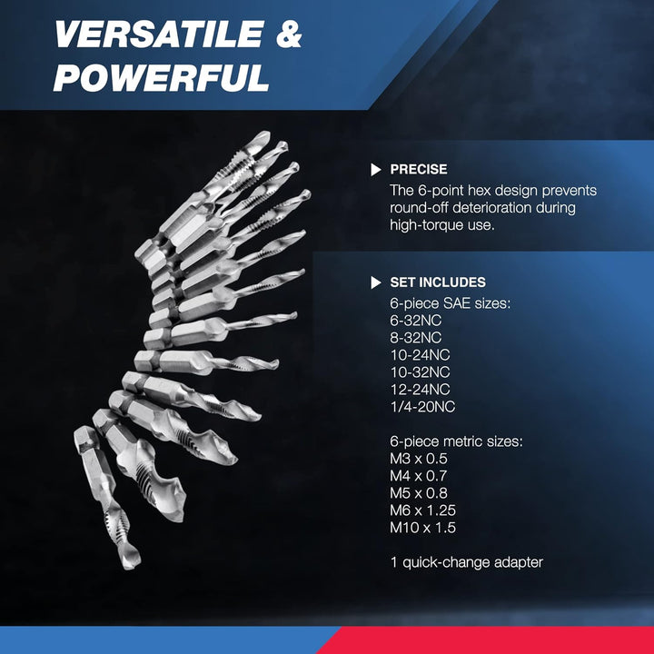 NEIKO 10059A Kombibohrer und Gewindebohrer-Set mit Schnellwechseladapter, 13-teilig, SAE (6-32NC bis